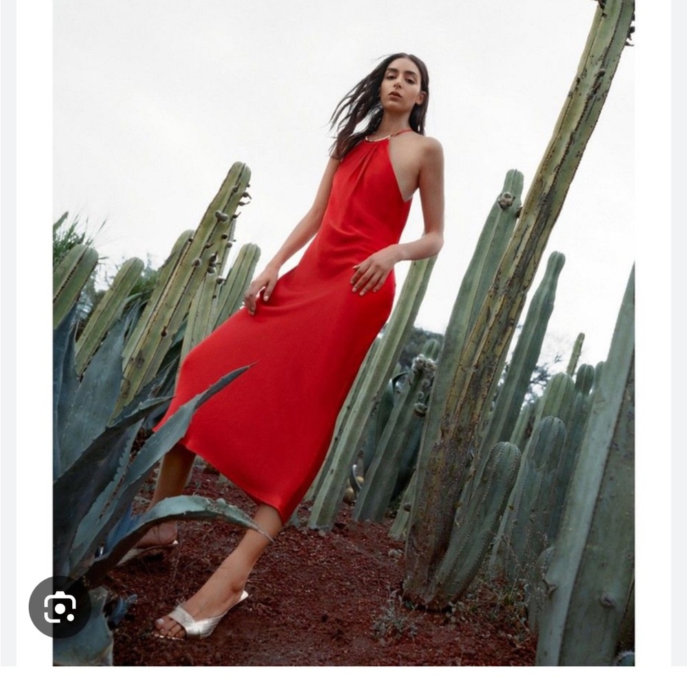 Zara Red satin Midi Halter Dress